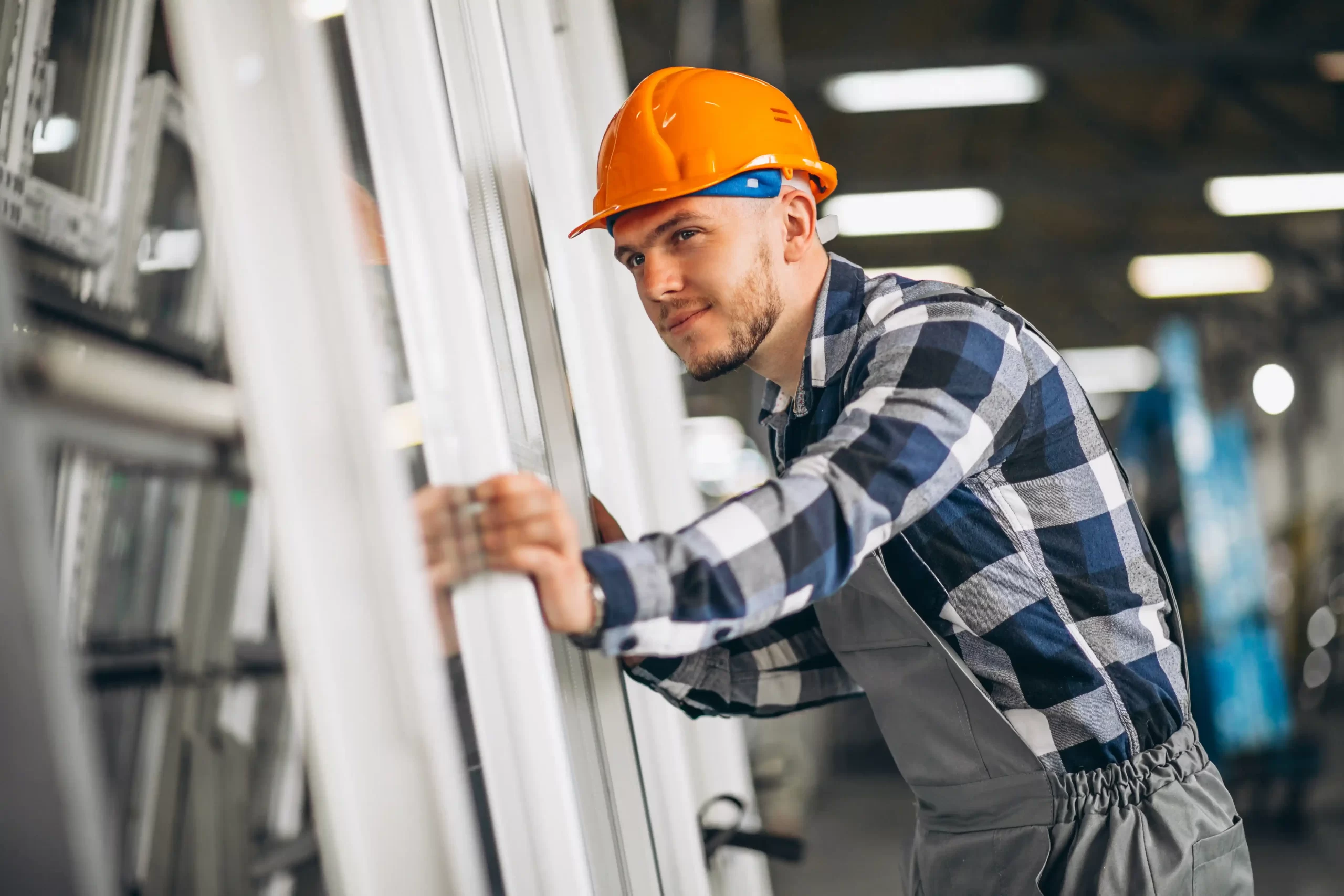 Professional worker inspecting product quality at a leading UPVC & Aluminium windows manufacturer in Vadodara factory.