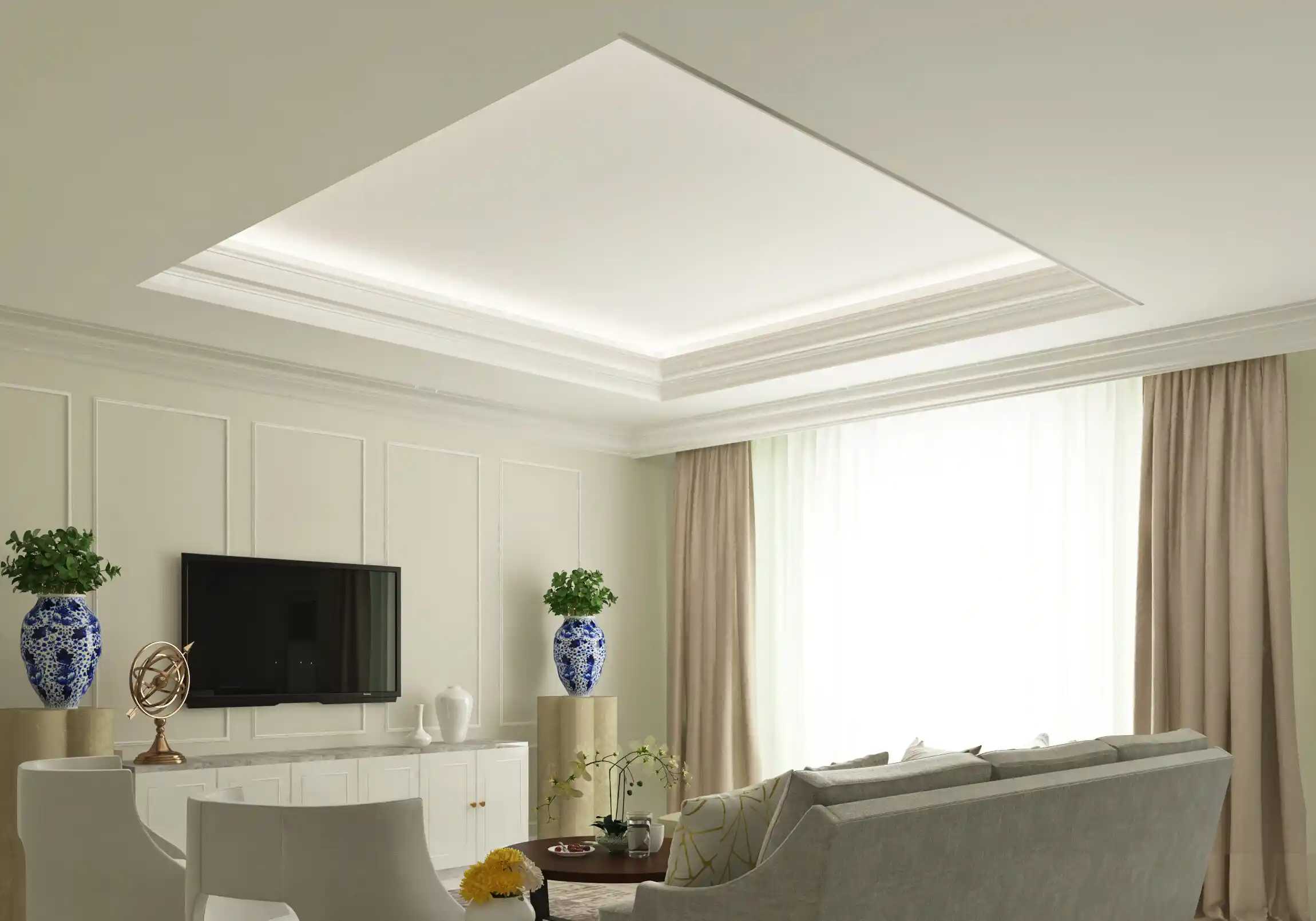 Elegant living room interior featuring large window solutions by a professional UPVC & Aluminium windows manufacturer in Vadodara.